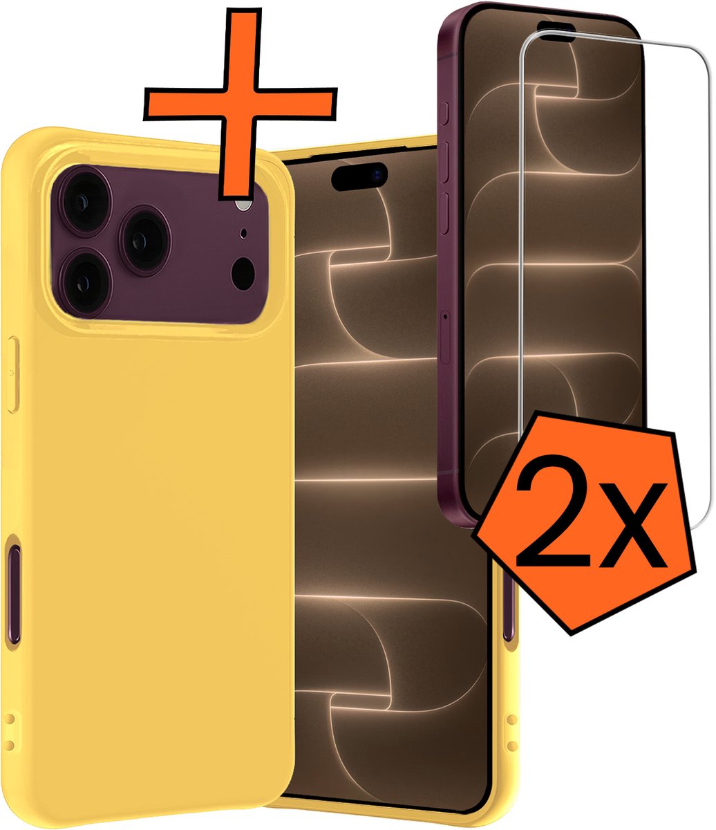 Hoes - Met 2x Screenprotector - Geschikt voor Apple iPhone 18 Pro - Sterk & Shockproof - Back Cover - Siliconen Case - Telefoon Hoes - Geel