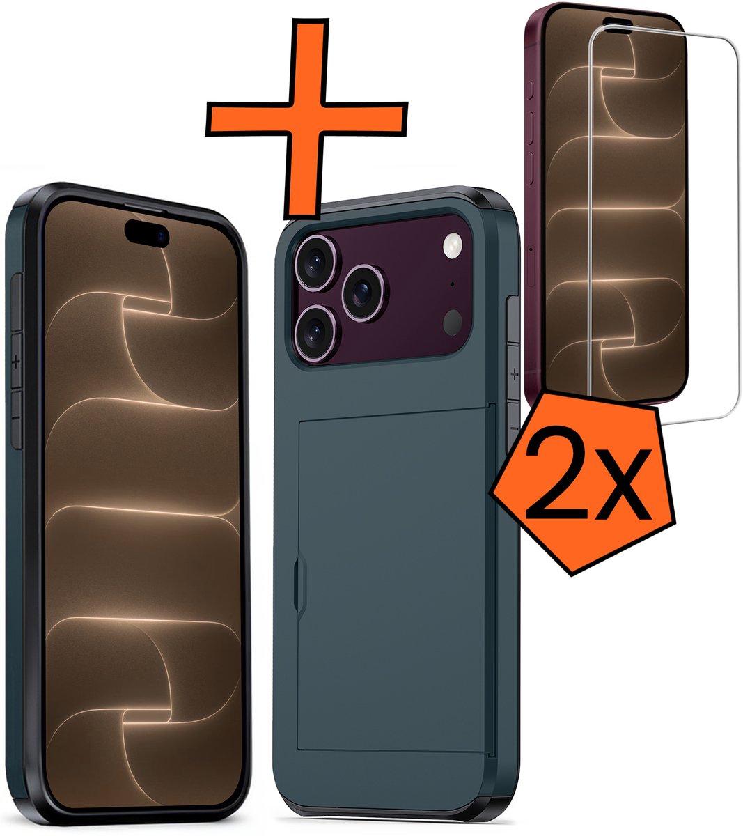 Hoesje Geschikt voor iPhone 18 Pro Max Hoesje Pasjeshouder Shockproof Hard Case Met 2x Screenprotector - Hoesje Geschikt voor iPhone 18 Pro Max Hoes Met Kaarthouder - Donkerblauw