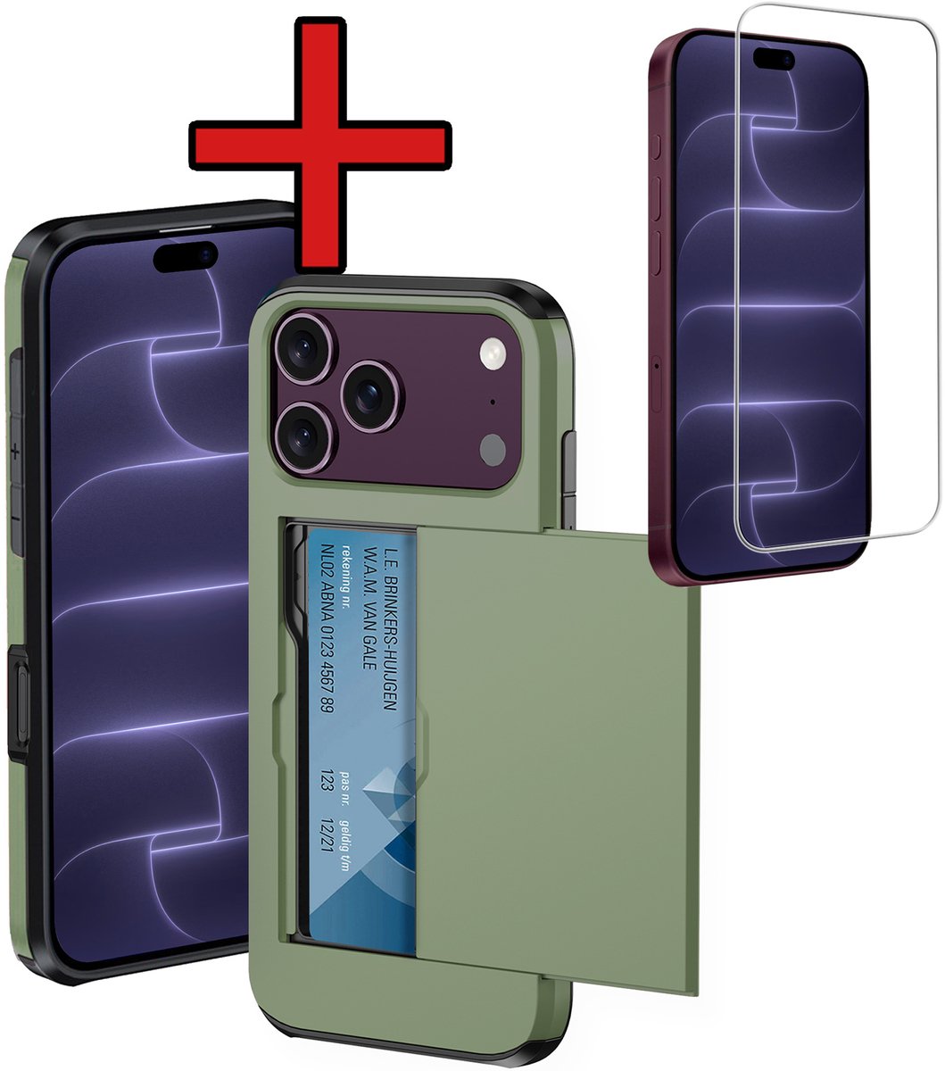 Hoesje Geschikt voor iPhone 18 Pro Hoesje Met Pasjeshouder Hard Case Met Kaarthouder Met Screenprotector - Hoes Geschikt voor iPhone 18 Pro Hoesje Pashouder Case - Donkergroen