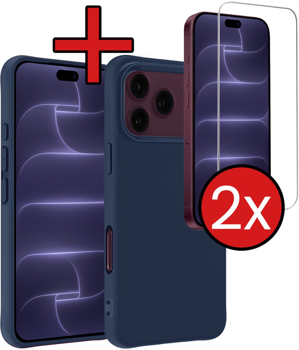 Hoesje - Met 2x Screenprotector - Geschikt voor Apple iPhone 18 Pro Max - Sterk & Shockproof - Telefoon Hoes - Back Cover - Siliconen Case - Telefoonhoes - Donkerblauw