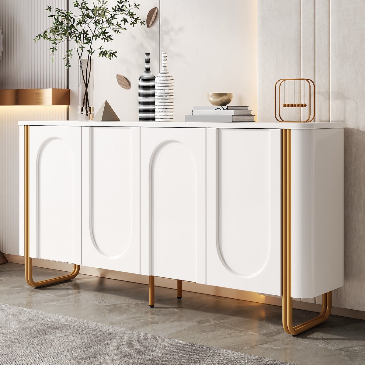 COVREO Dressoir met 4 push-to-open deuren – Sideboard met metalen poten – Opbergkast met 4 opbergvakken – 160x35x80,5 cm – Wit
