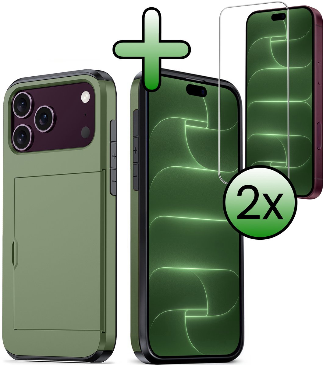 Hoes Geschikt voor iPhone 18 Pro Hoesje Hard Case Met Pas Houder Met 2x Screenprotector - Hoesje Geschikt voor iPhone 18 Pro Hoes Shockproof Hard Cover Met Kaarthouder - Donkergroen