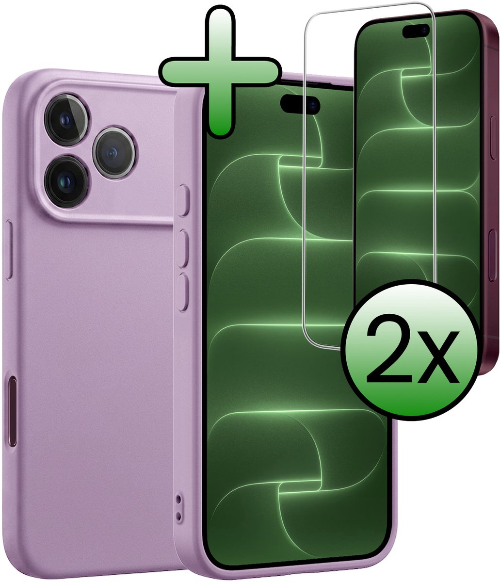 Hoesje Met 2x Screenprotector - Geschikt voor Apple iPhone 18 Pro - Sterk & Shockproof - Back Cover - Siliconen Case - Telefoon Hoes - Lila