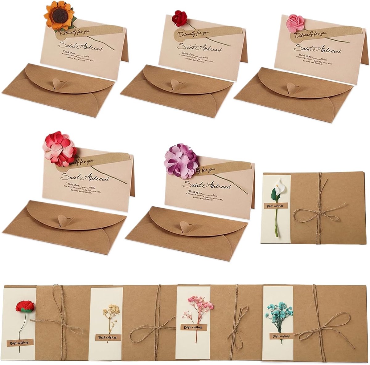 Set van 10 wenskaarten met gedroogde bloemen, retro kraftpapier, blanco vouwkaarten met envelop om zelf vorm te geven - ShopVlot