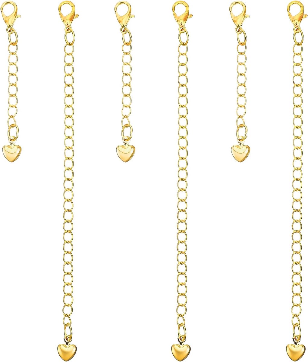 Kettingverlengstuk 6 Stuks - 10 cm Goud - Met Karabijnhaak en Hartbedel - Perfect voor DIY Sieraden - ShopVlot