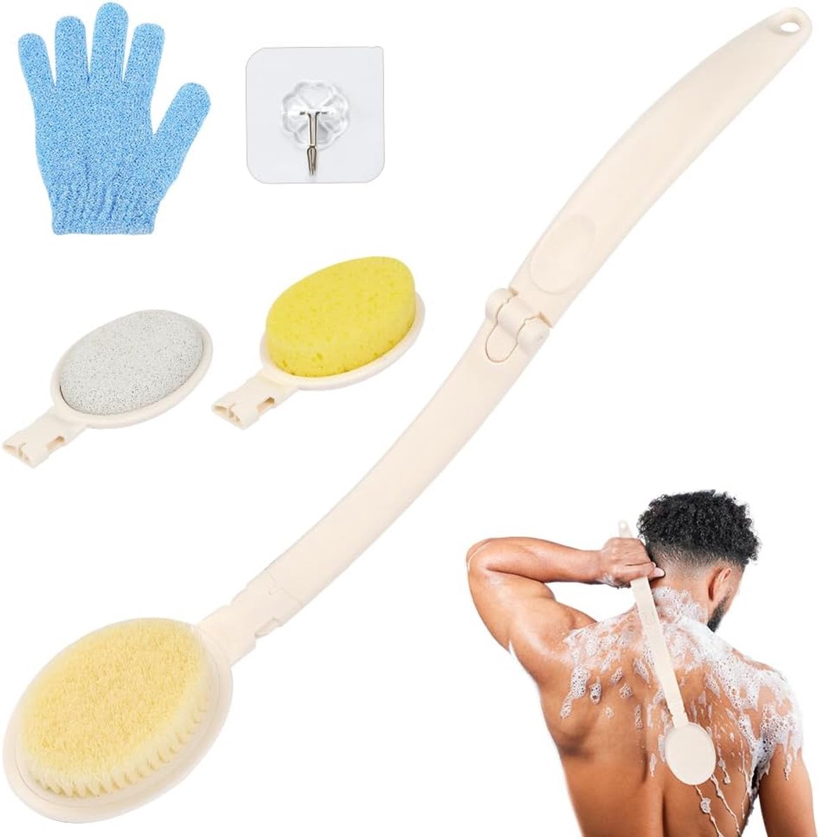 SnelShoppen - 3-in-1 Back Scrubber voor Douche, Lange Handgreep Spons, Pumice en Scrubber, Back Cream Applicator, Douche Borstel voor Mannen en Vrouwe
