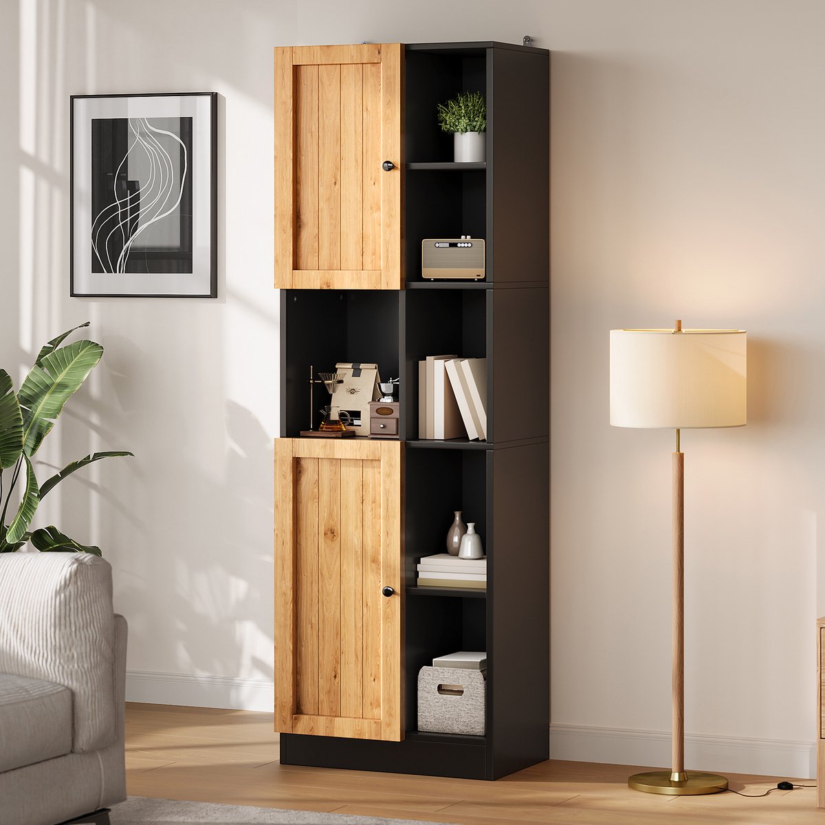 MIVRAY Keukenkast - Hoge Opbergkast Met 6 Open Vakken En 2 Deuren - Voor Keuken Eetkamer En Woonkamer - MDF - 50x35,5x170 Cm - Zwart Naturel