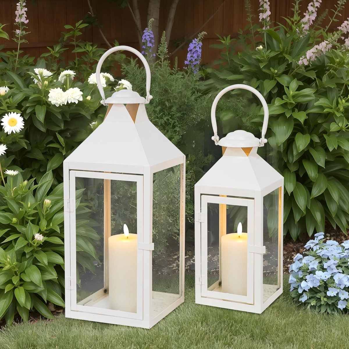 JHY DESIGN Set of 2 Decorative Lanterns, 44.5cm & 24cm High, Outdoor Lanterns with Candles, Large Hanging Lanterns for - ShopVlot