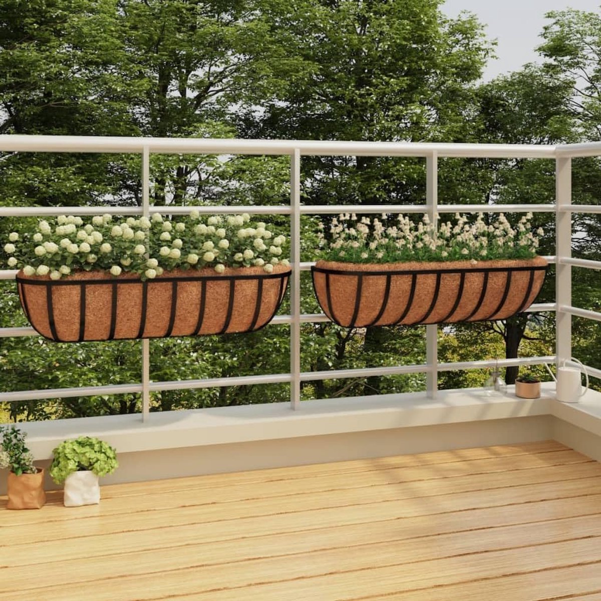 Set van 2 plantenbakken voor aan de muur, balkon, bloembak met kokosinzetstuk, zwart, 76 x 21 x 16 cm, gepoedercoat staal