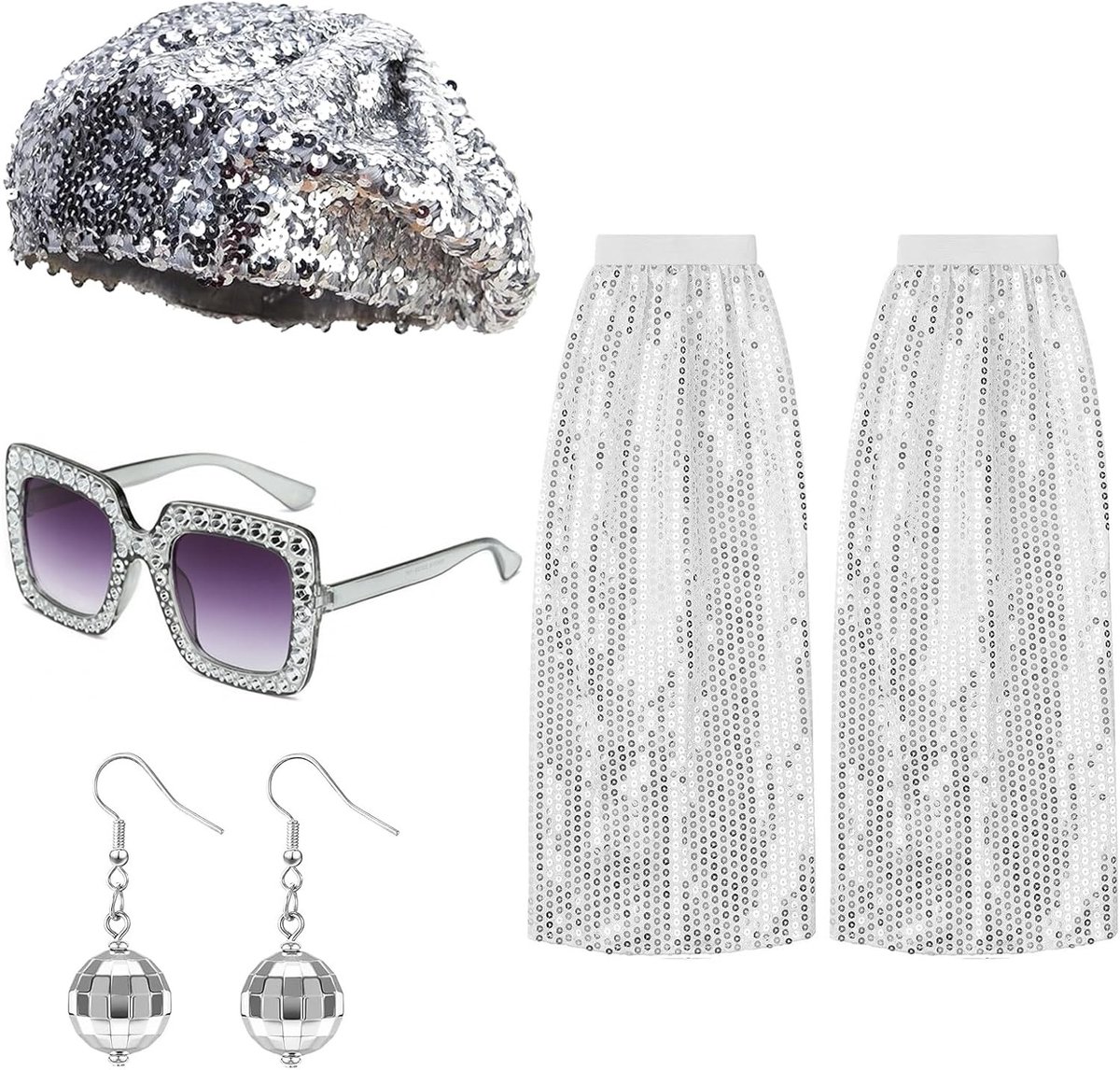 Retro discokostuum voor dames en heren met pailletten, accessoires voor carnaval en feesten, inclusief oorbellen en beenwarmers