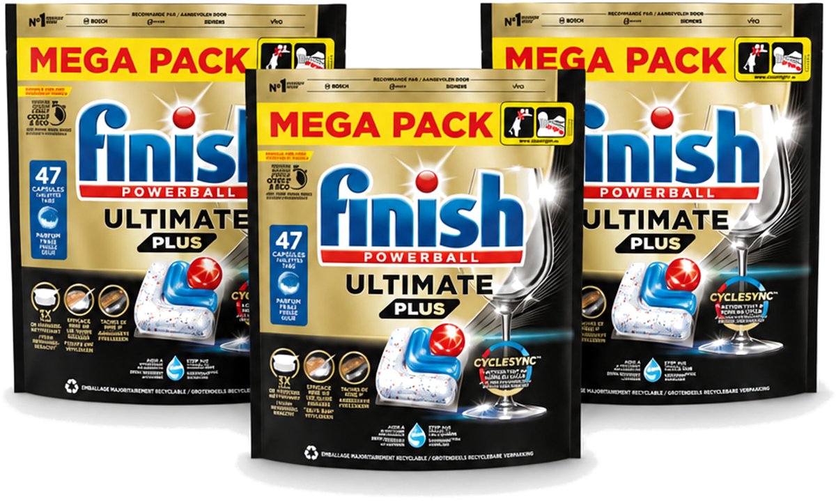 3 x Finish - Vaatwasmiddel - Ultimate Plus All in One Regular - Krachtige Alles-in-1 Reiniging - 47 capsules - Voordeelverpakking - 3 stuks