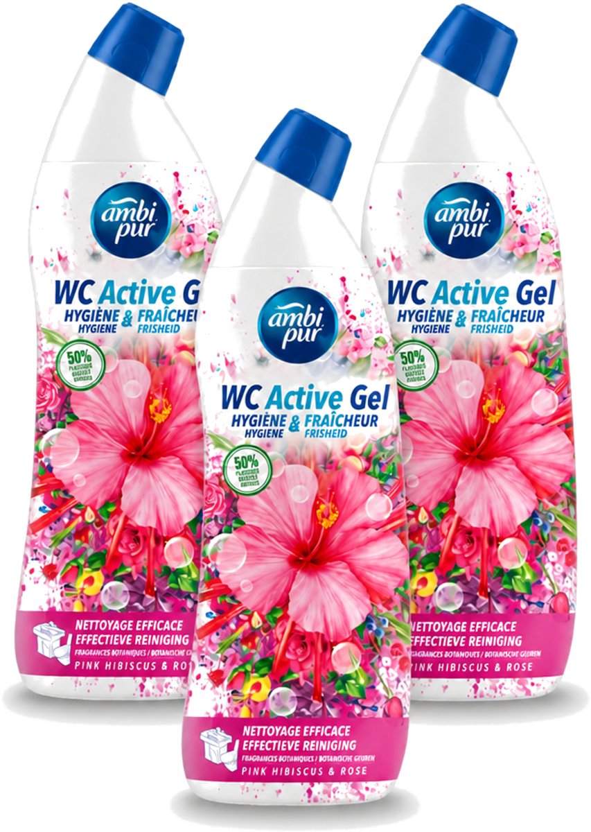 3 x Ambi Pur - Toiletreiniger - WC Active Gel - Hibiscus & Roos - 750 ml - Voordeelverpakking - 3 stuks