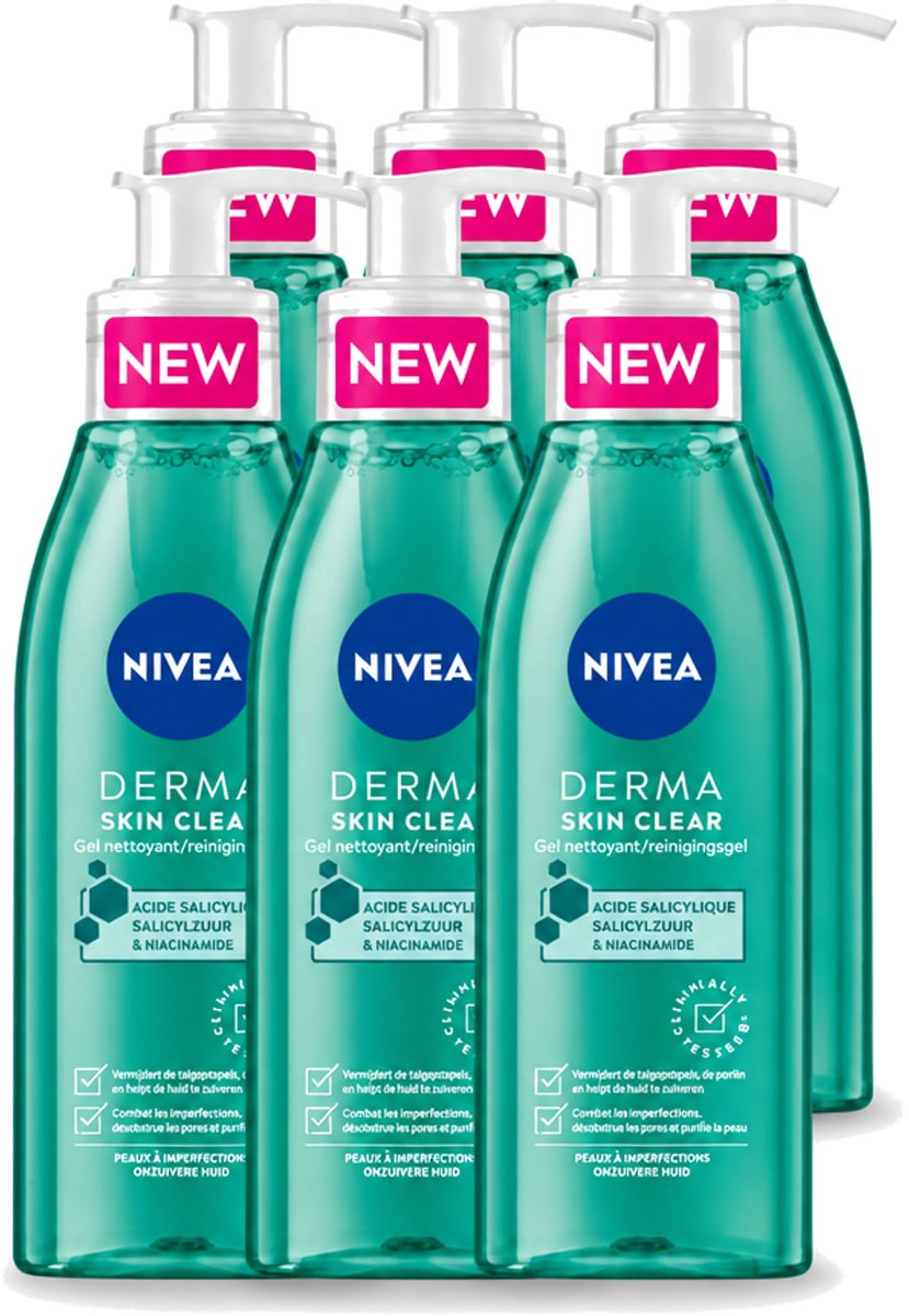 6 x NIVEA - Reinigingsgel - DERMA Huidzuiver - Voor onzuivere huid - Met Salicylzuur (AHA) & Niacinamide - Tegen Acne & Mee-eters - 150 ml - Voordeelverpakking - 6 stuks