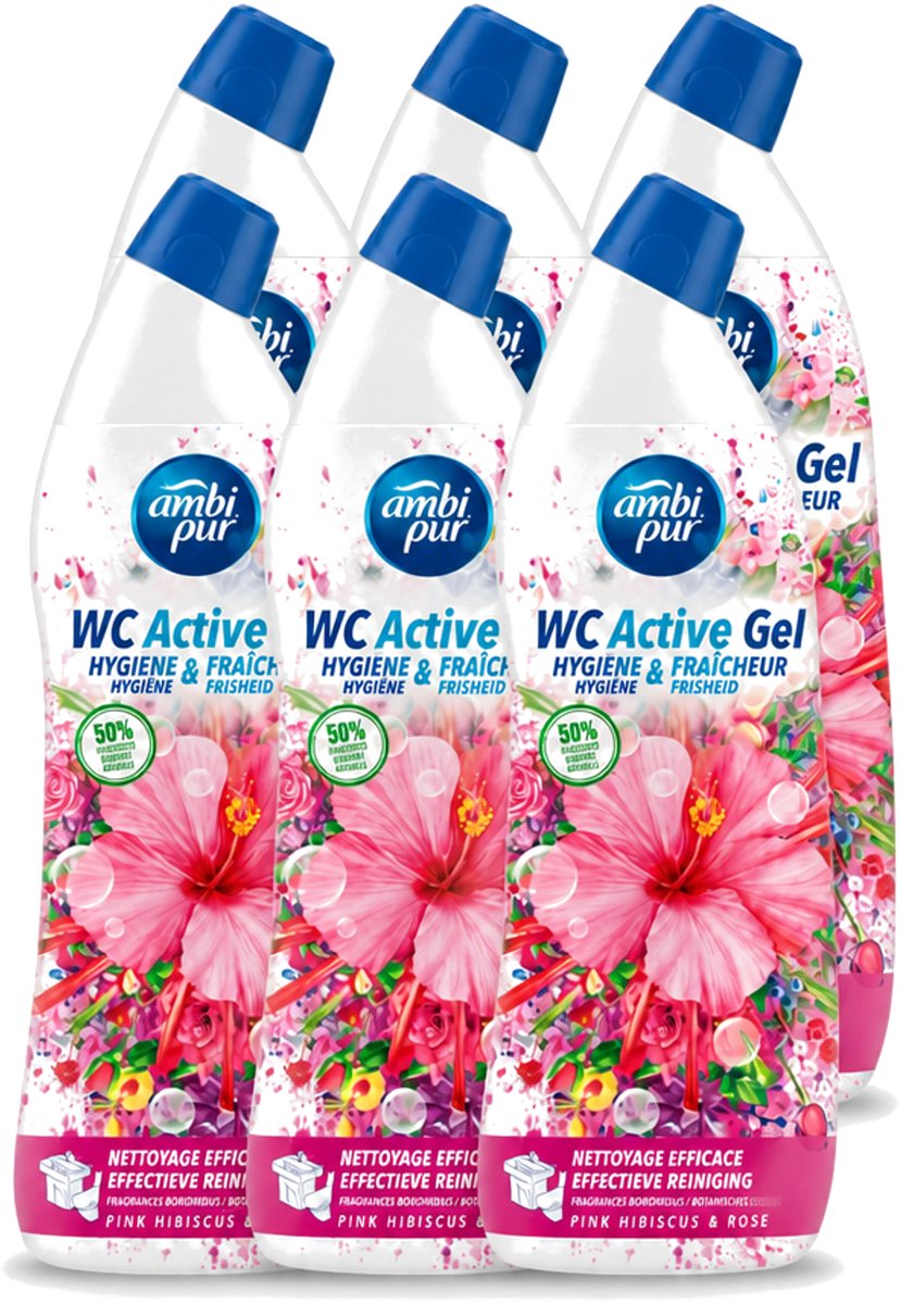 6 x Ambi Pur - Toiletreiniger - WC Active Gel - Hibiscus & Roos - 750 ml - Voordeelverpakking - 6 stuks