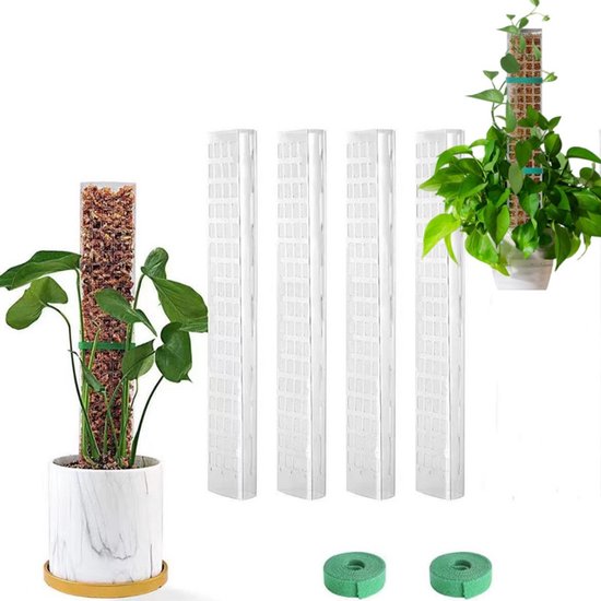 Kunststof mosstok – 4-delige set + klittenband – Klimplantsteun – Stapelbare steun voor kamerplanten –60cm plantenstokken voor klimkunststoffen-stapelbare plantenstokken voor kamerplanten-klimmen-klimplanten- met haak en lus sluiting