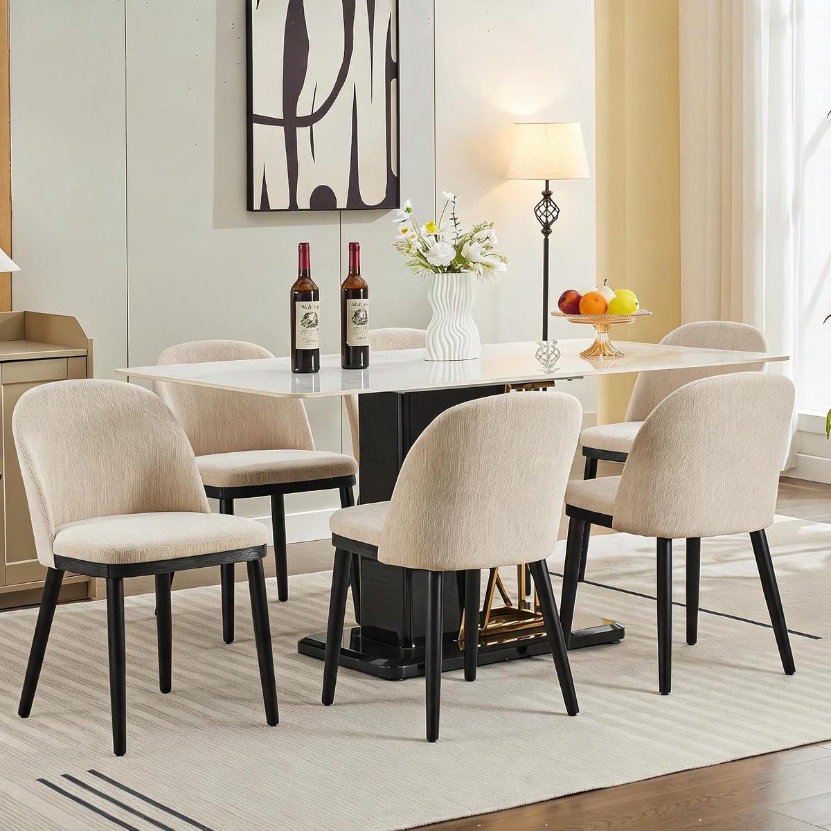 Houten Eetkamerstoelen Set van 6 - Linnen Stoelen Ergonomisch 136kg