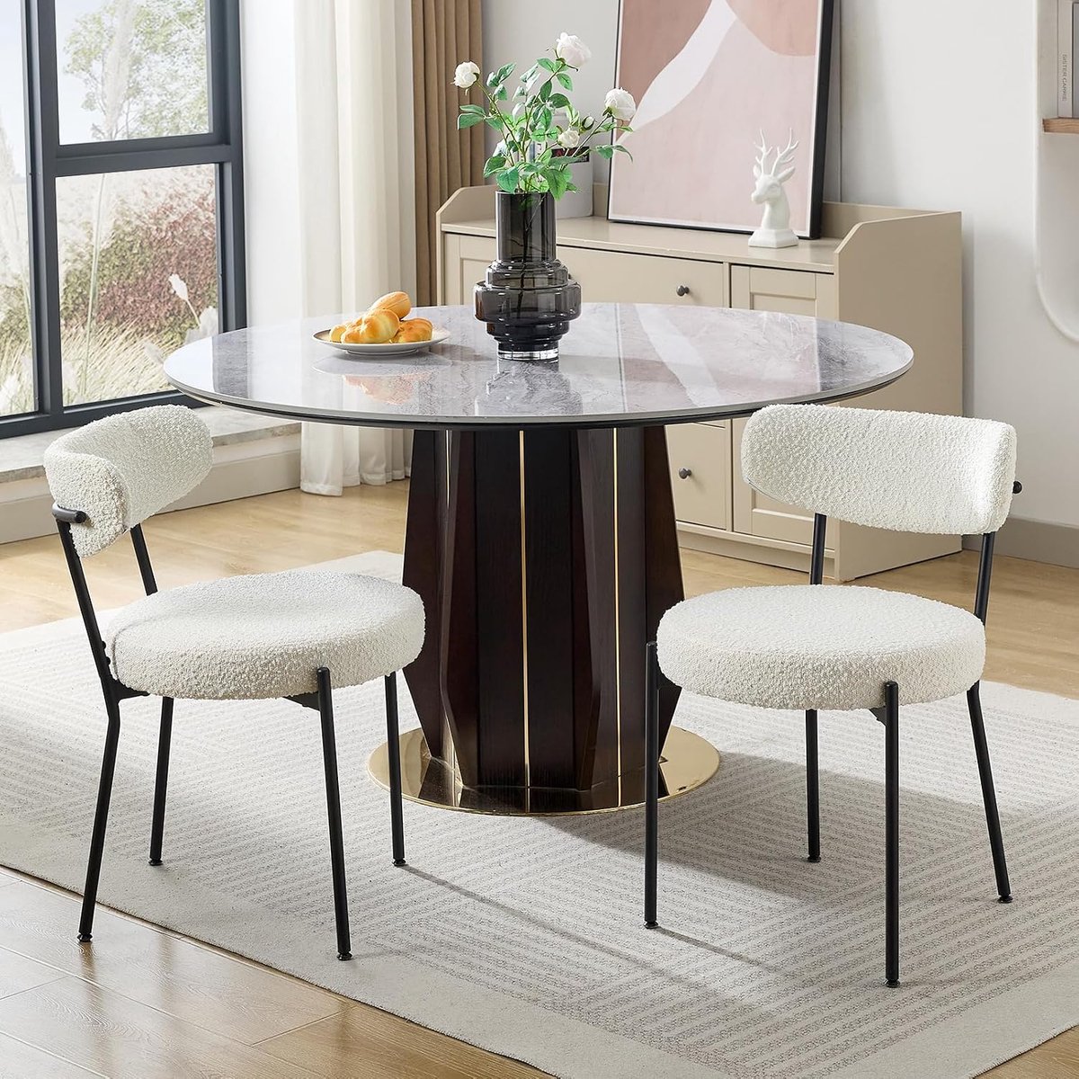 Bouclé Eetkamerstoelen Set van 2 - Teddy Stoelen Zwart Metaal Rond