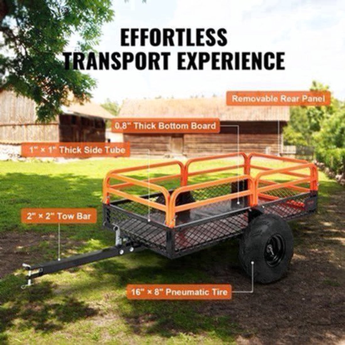 Trekhaak Tuinkar - Kar - Transportwagen - Tandem Trailer - Heavy Duty Stalen ATV Dump Trailer – Geschikt voor Maaiers & Tractoren - 12CuFt - Verwijderbare Zijkanten & Banden