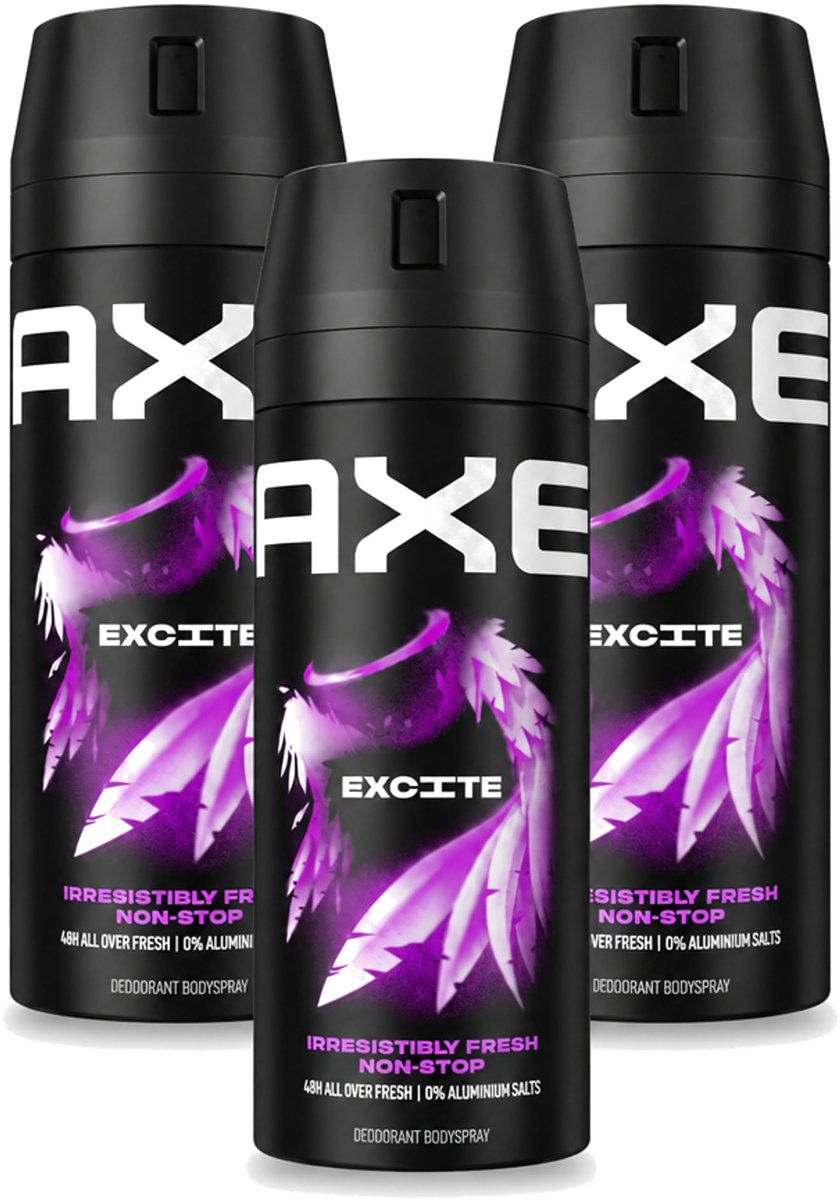 3 x Axe - Deodorant Bodyspray - 48hrs Fresh - Excite - Crisp Coconut & Black Pepper - 150 ml - Voordeelverpakking - 3 stuks