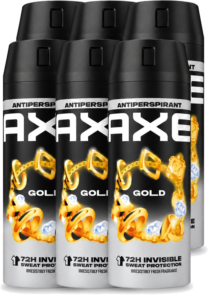 6 x Axe - Deodorant Spray - 72hrs Anti Sweat - Anti White Marks - Gold - 150 ml - Voordeelverpakking - 6 stuks