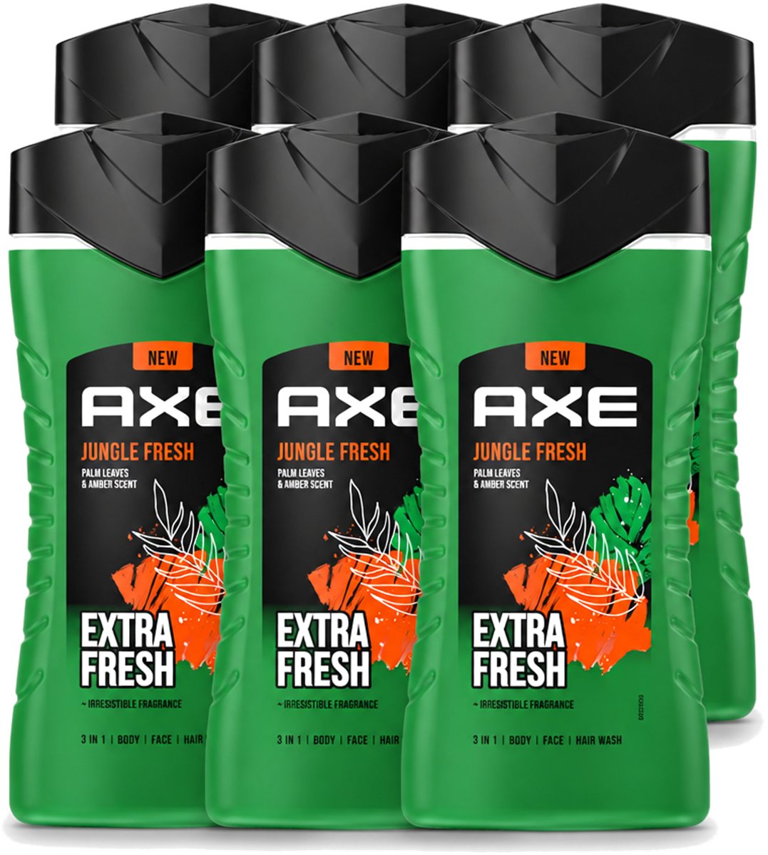 6 x Axe - 3-in-1 Douchegel - Jungle Fresh - Palm Leaves & Amber - Extra Fresh - 250 ml - Voordeelverpakking - 6 stuks