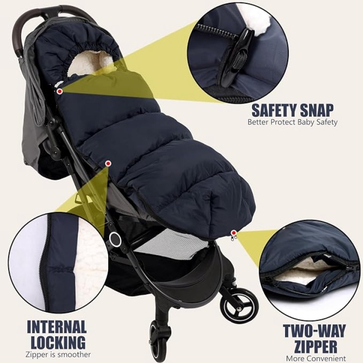 Universele Voetenzak Kinderwagen Winter - Donkerblauw - 100 x 47 cm - Waterdicht - Dubbel Verdikt - Geschikt voor Buggy en Kinderwagen – foto 5