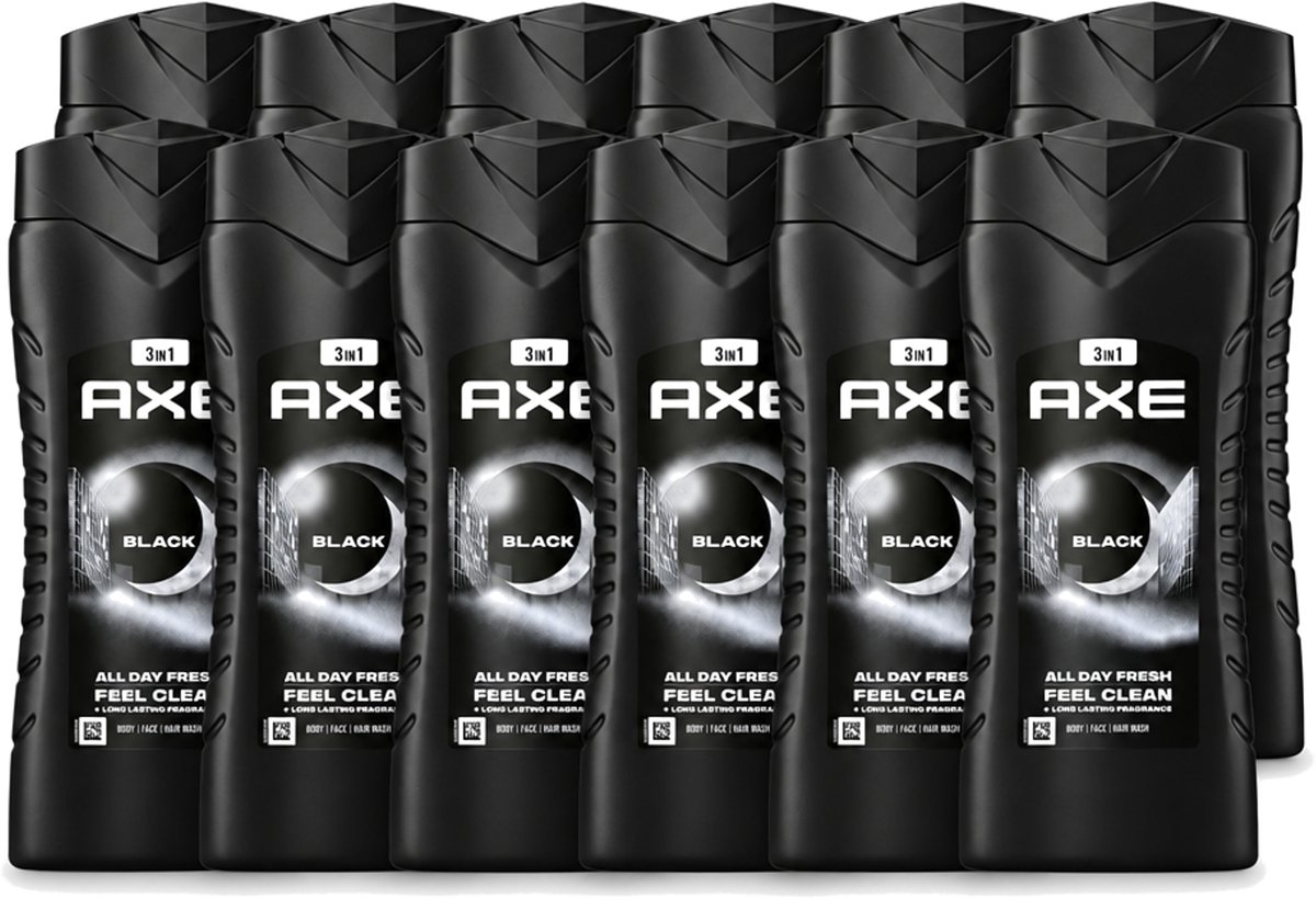 12 x Axe XL - 3-in-1 Douchegel - Black - Frozen Pear & Cedarwoord - 12hrs Long Lasting Scent - 400 ml - Voordeelverpakking - 12 stuks