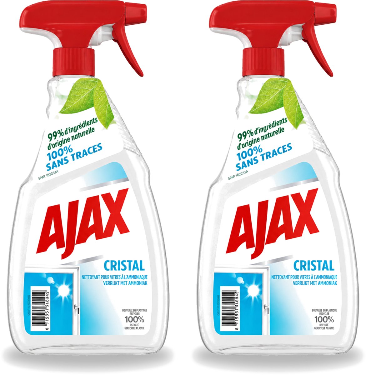 2 x Ajax - Ruitenreiniger - Cristal - Spray Met Ammoniak - 750 ml - Bulkverpakking - 2 stuks