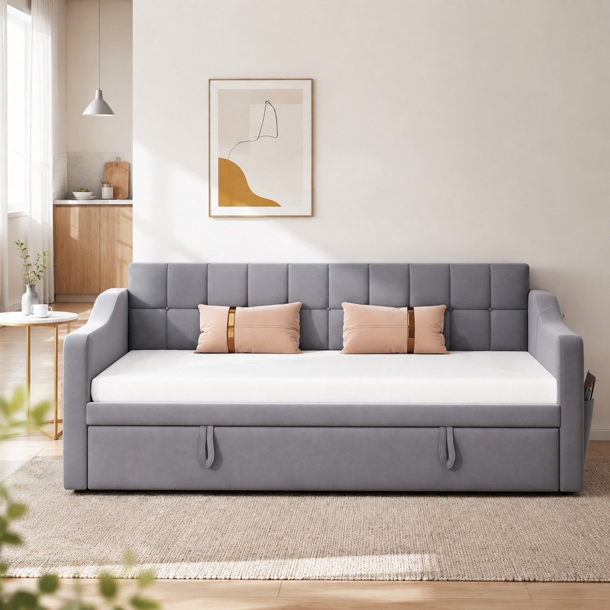 WUVRIE Uitrekbare slaapbank 90x190 cm, uitbreidbaar tot 180 cm, met oplaadpoorten en opbergzak, grijs fluweel