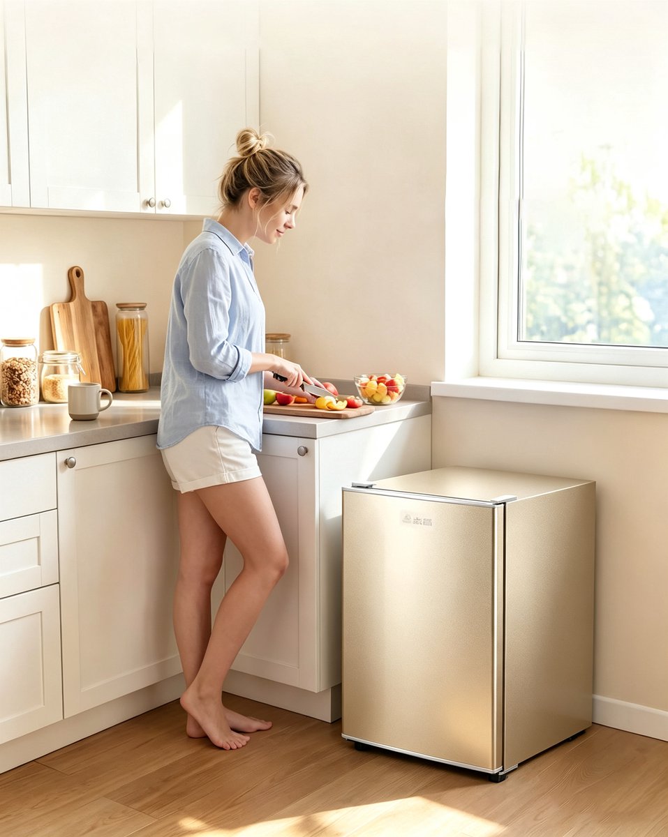 Eendeurs minikoelkast 29L alleen koelfunctie goudkleurig energielabel A geluidsniveau 38 dB voor studentenkamer kantoor en slaapkamer afmetingen 55*40*39 cm