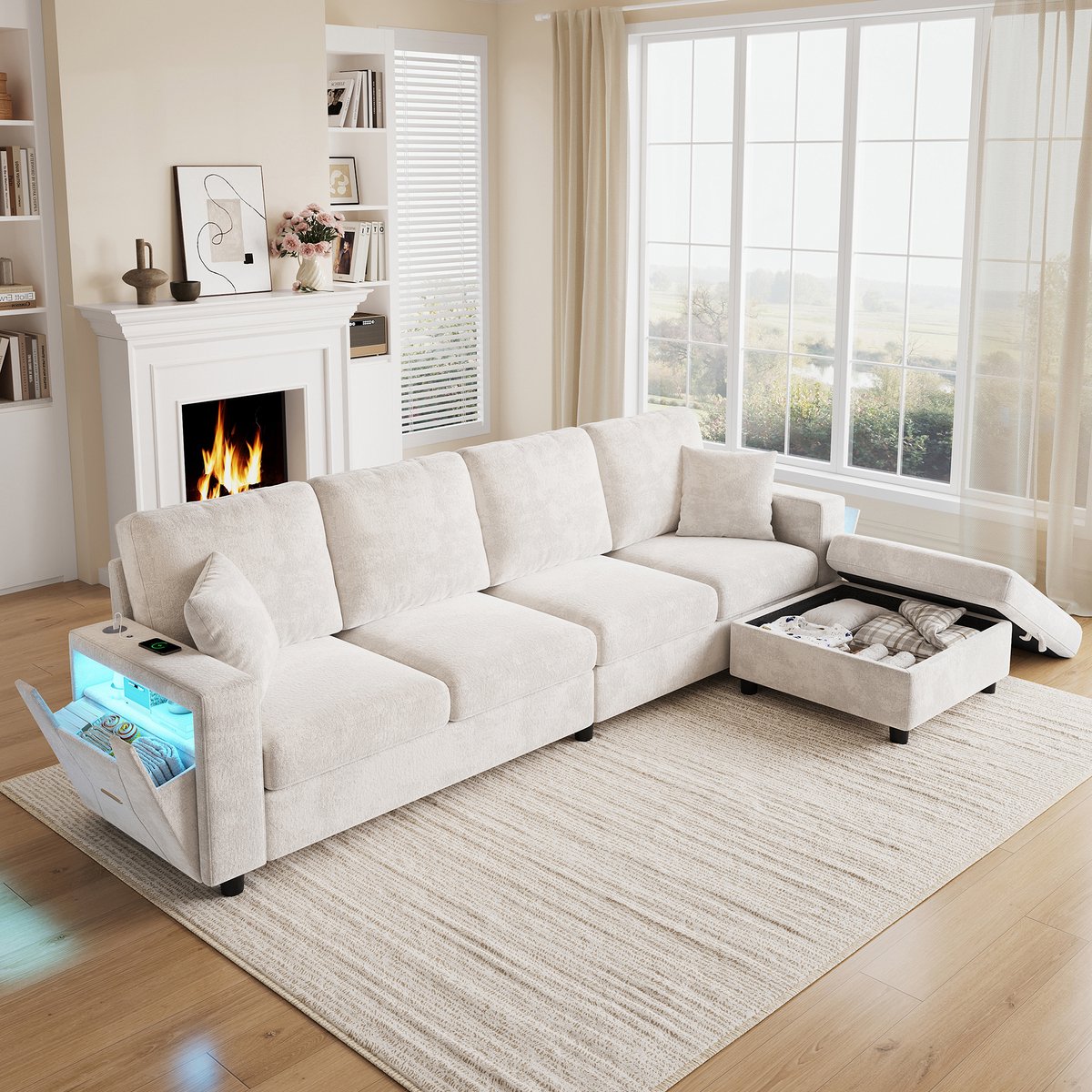 STILVORA Hoekbank 282 x 153 x 82 cm - Modulaire 4-Zits Met Opberghocker, LED En USB Type-C - Woonkamer - Polyester Beige