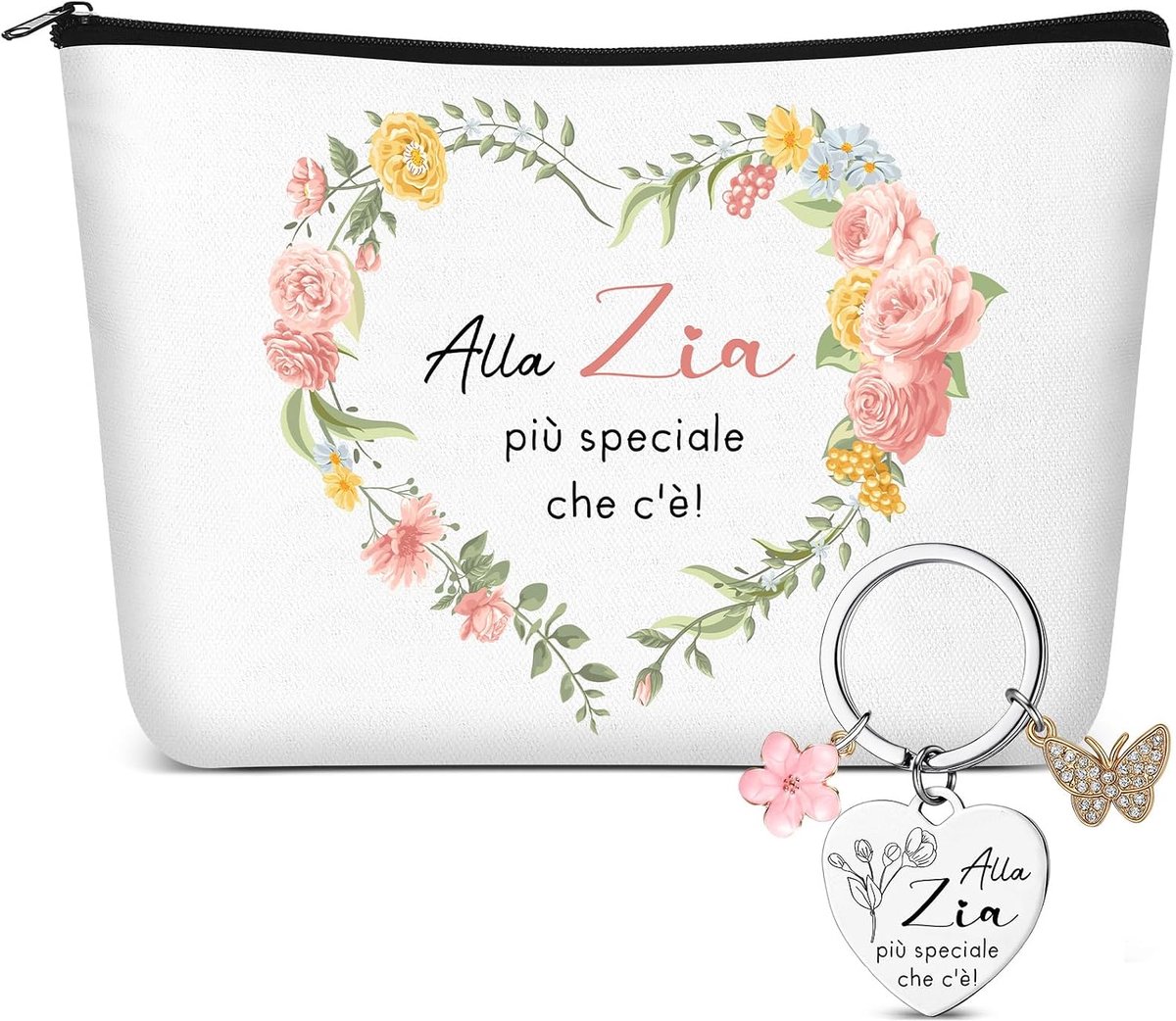 Make-up tas met sleutelhanger - 2-delig - bloemenprint - uniek cadeau voor tante - ShopVlot