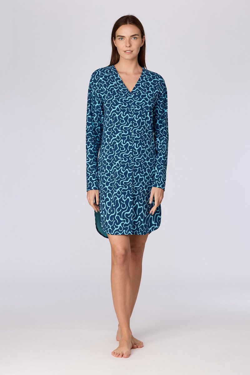 Woody slaapkleed dames - blauw - golven all-overprint - 262-15-XDD-Z/978