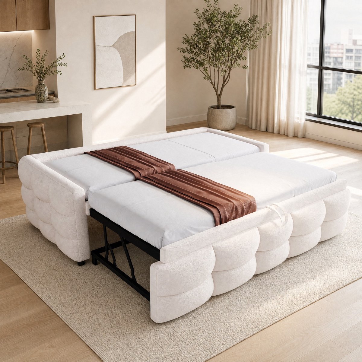 WUVRIE Uitschuifbare slaapbank 90/180 x 190 cm met lattenbodem en teddyfluwelen bekleding, beige