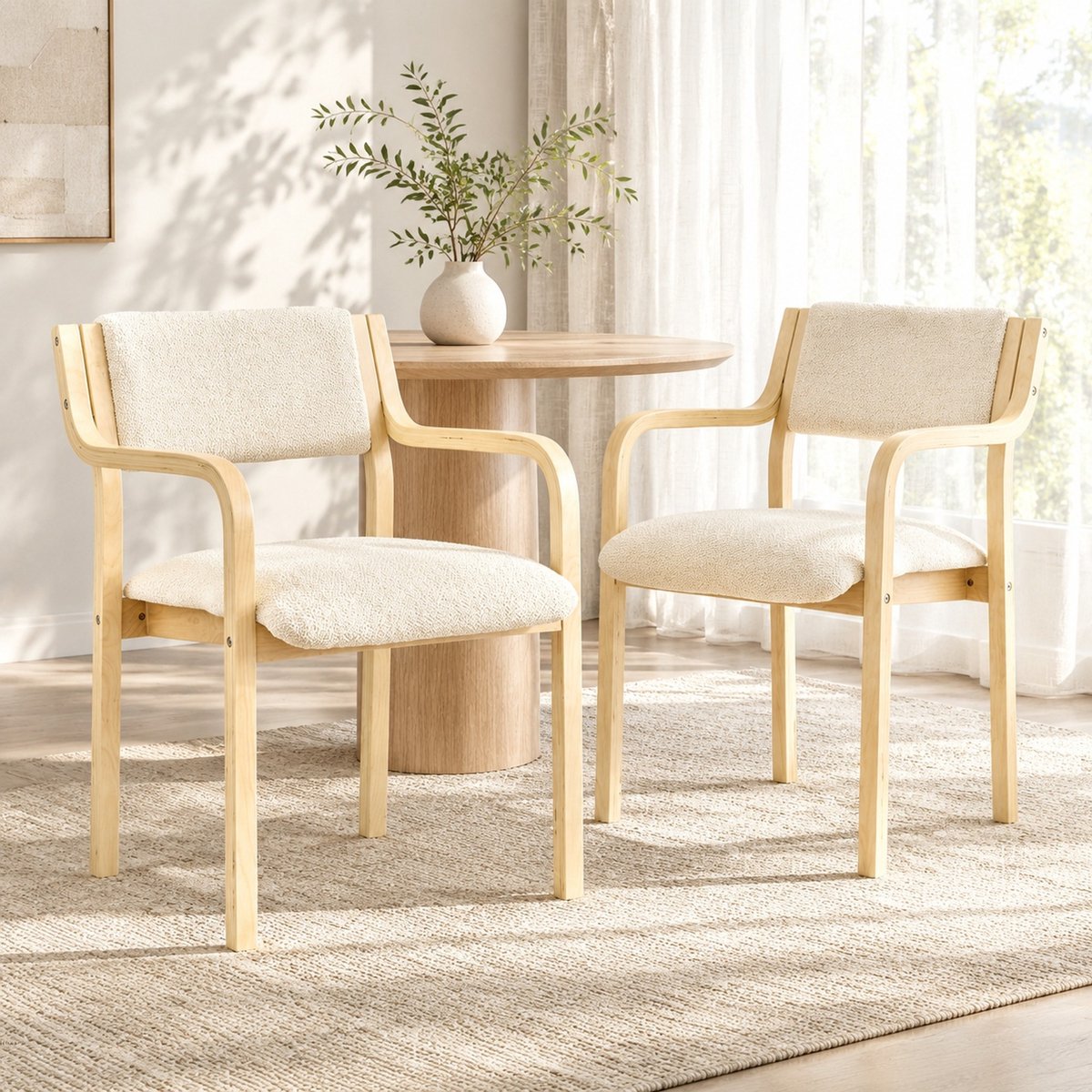 REDOM Eetkamerstoel set van 2 - Armleuningen en gebogen rugleuning - Gewatteerde teddystoffen zitting - Scandinavische stijl - Hout - Wit - 53 x 45,5 x 77 cm