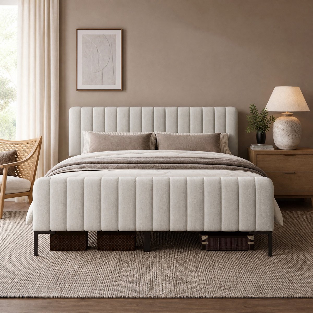 WUVRIE Gestoffeerd tweepersoonsbed 180x200 cm met lattenbodem en verstelbaar hoofdbord, grijs/beige Grijs-beige