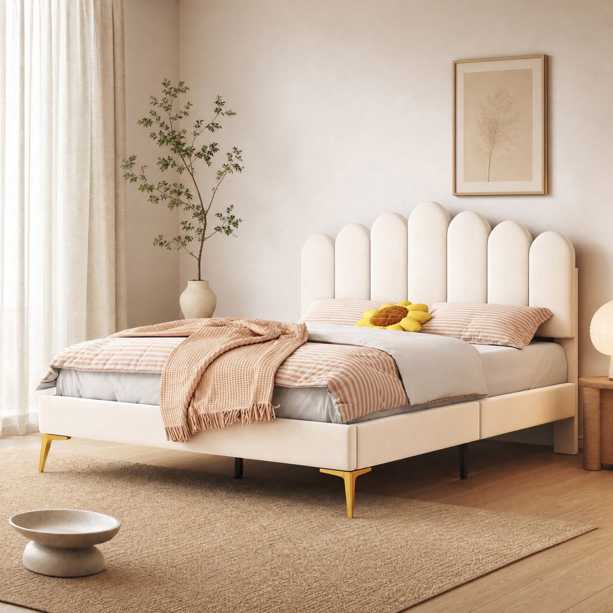 WUVRIE Gestoffeerd tweepersoonsbed 140x200 cm met verstelbaar hoofdbord en lattenbodem, beige