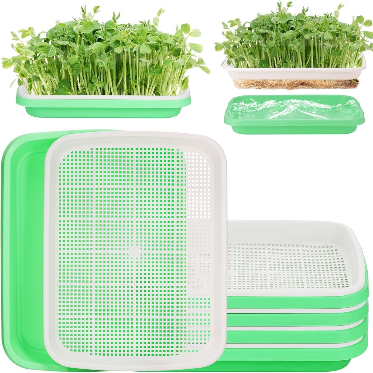 Set van 5 Spruitbakken voor het Kweken van Microgroenten, Stapelbare en Herbruikbare Plastic Bakken voor Tuinbouw, Ideaal voor Tuinkers en Zaadkieming (32.5 x 23.5 x 5 cm)