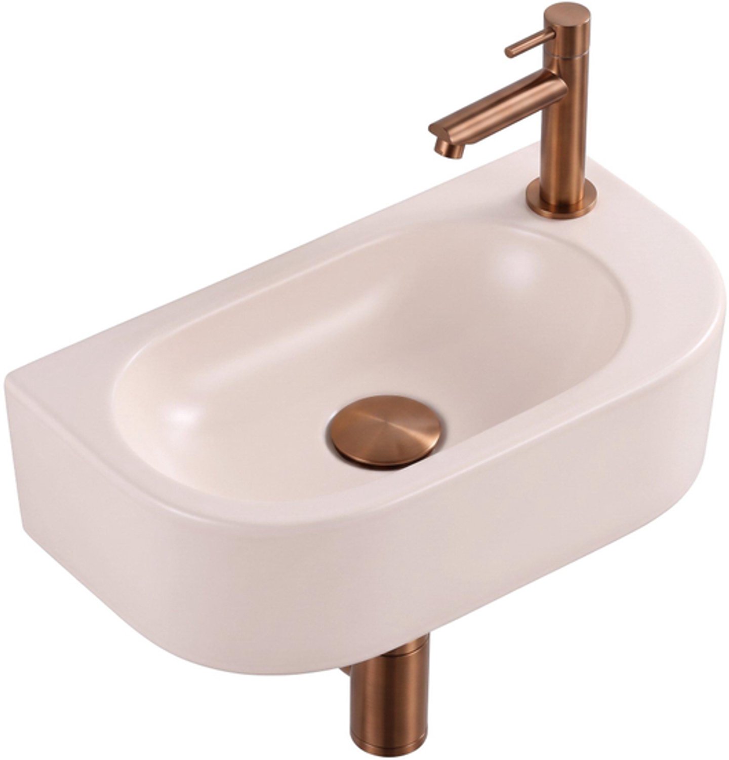 QeramiQ Fuente fonteinset – halfrond – 40x22x12 cm – kraangat rechts – geborsteld koperen kraan