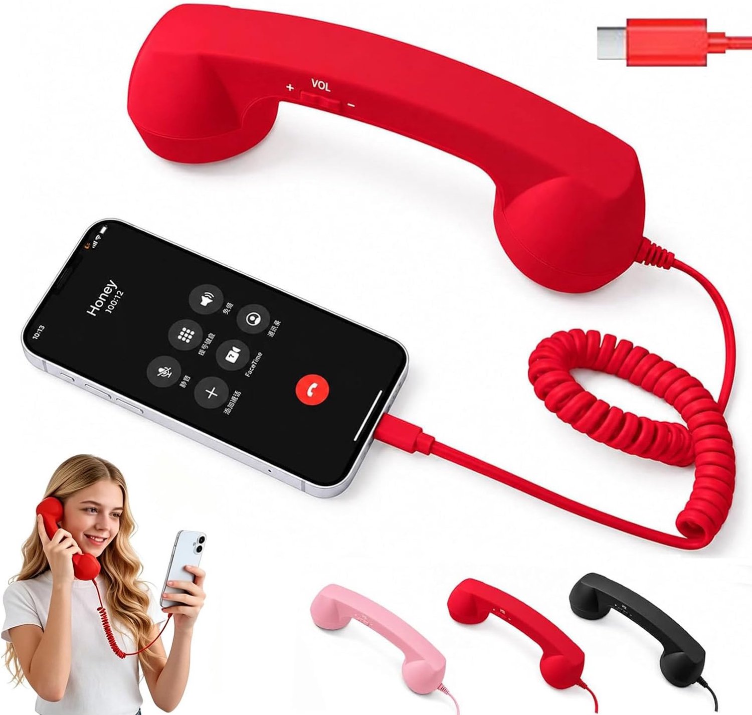 Retro Telefoon - Type-C - Retro telefoonhoorn - Telefoonhoorn met vaste aansluiting - Aansluitend op Mobiel - Koptelefoon - Headset - Woondecoratie - Ergonomisch - Retro telefoonhandset geschikt voor iPhone en Android - Zwart