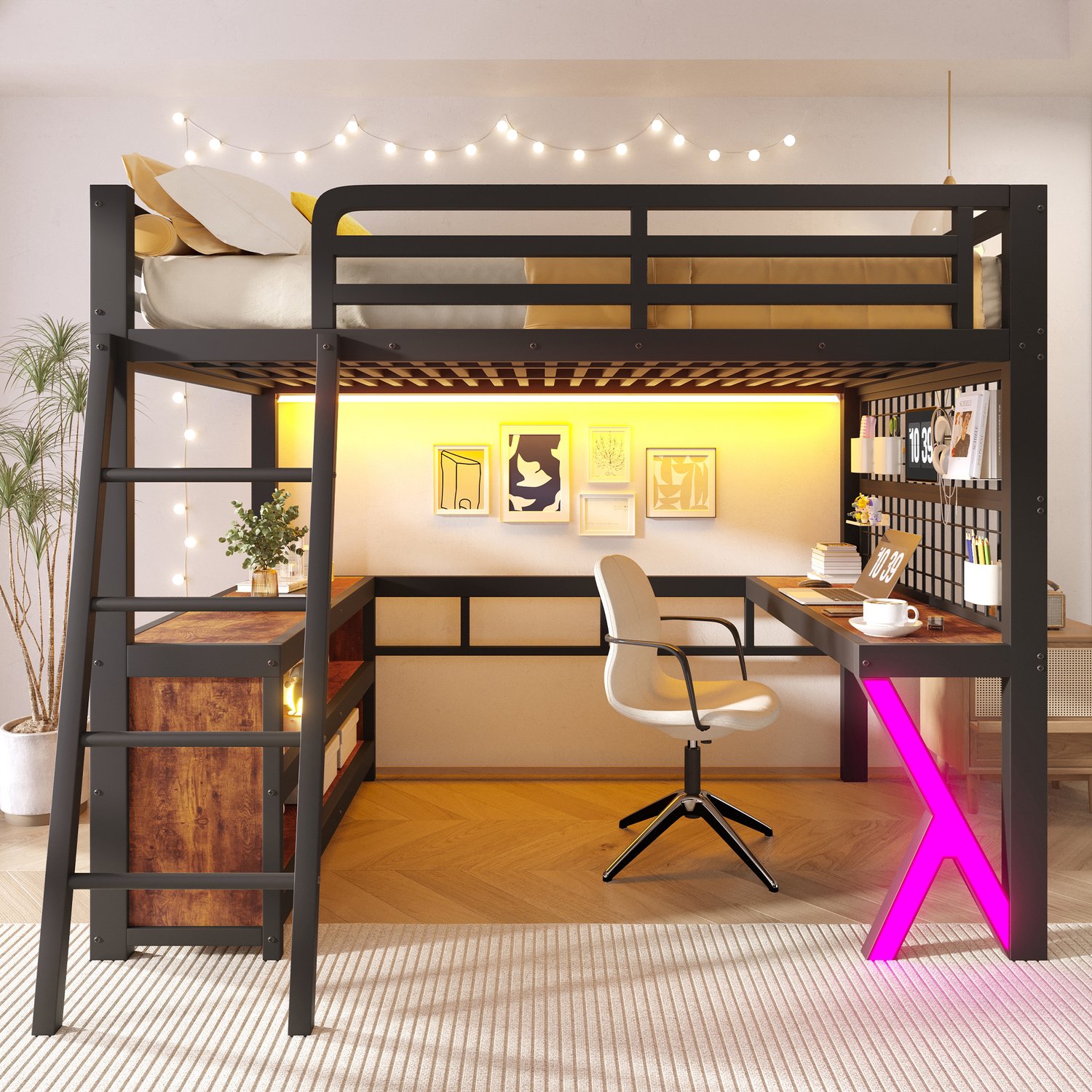 VVBV Hoogslaper 140x200 – Bureau, Opbergruimte, LED-Verlichting, Tot 150 kg, Zonder Matras – Hoogslaper met Bureau – MDF + Metaal – Zwart