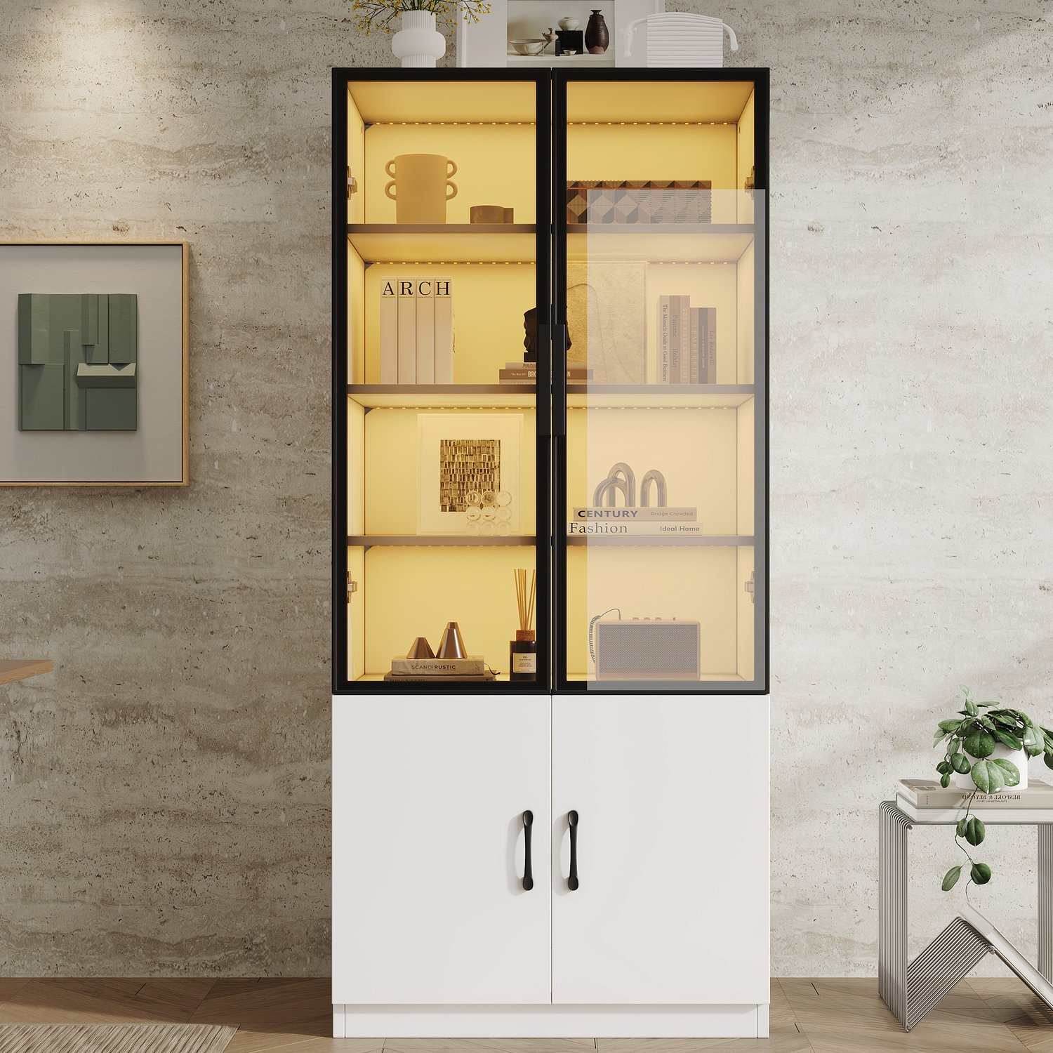 VVBV Glazen Vitrinekast met LED-Verlichting 60x40x160 cm – Opbergruimte, Deuren, Glazen Deuren – voor Woonkamer/Slaapkamer – Glas, Spaanplaat – Wit