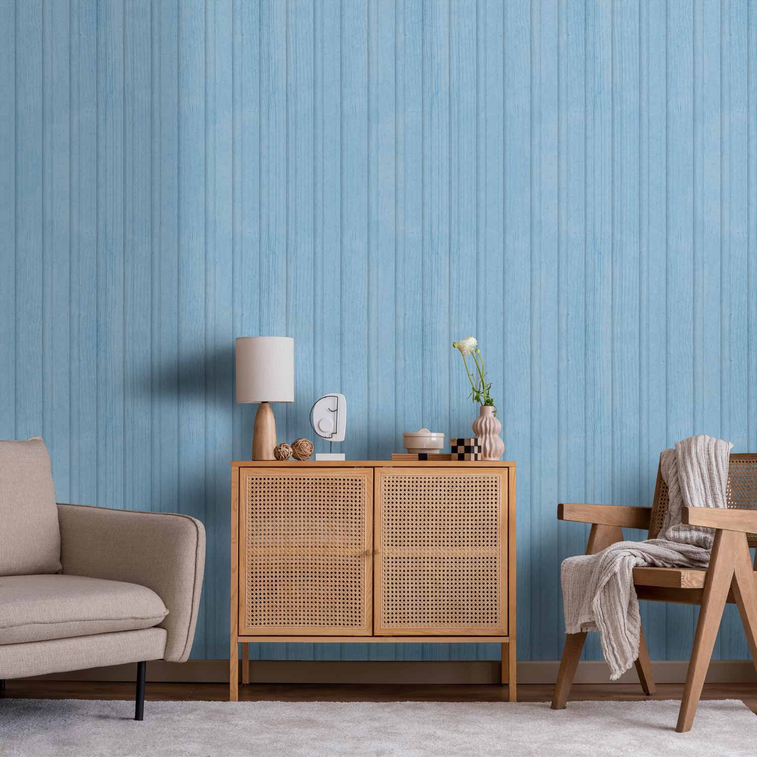 Behang - Blue Panels - Wooden planks in a pastel blue shade.