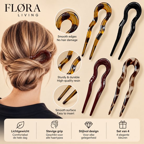 Set van 4 U-vormige haarpinnen in diverse kleuren, gedragen in een knot, gemaakt van duurzaam hars.