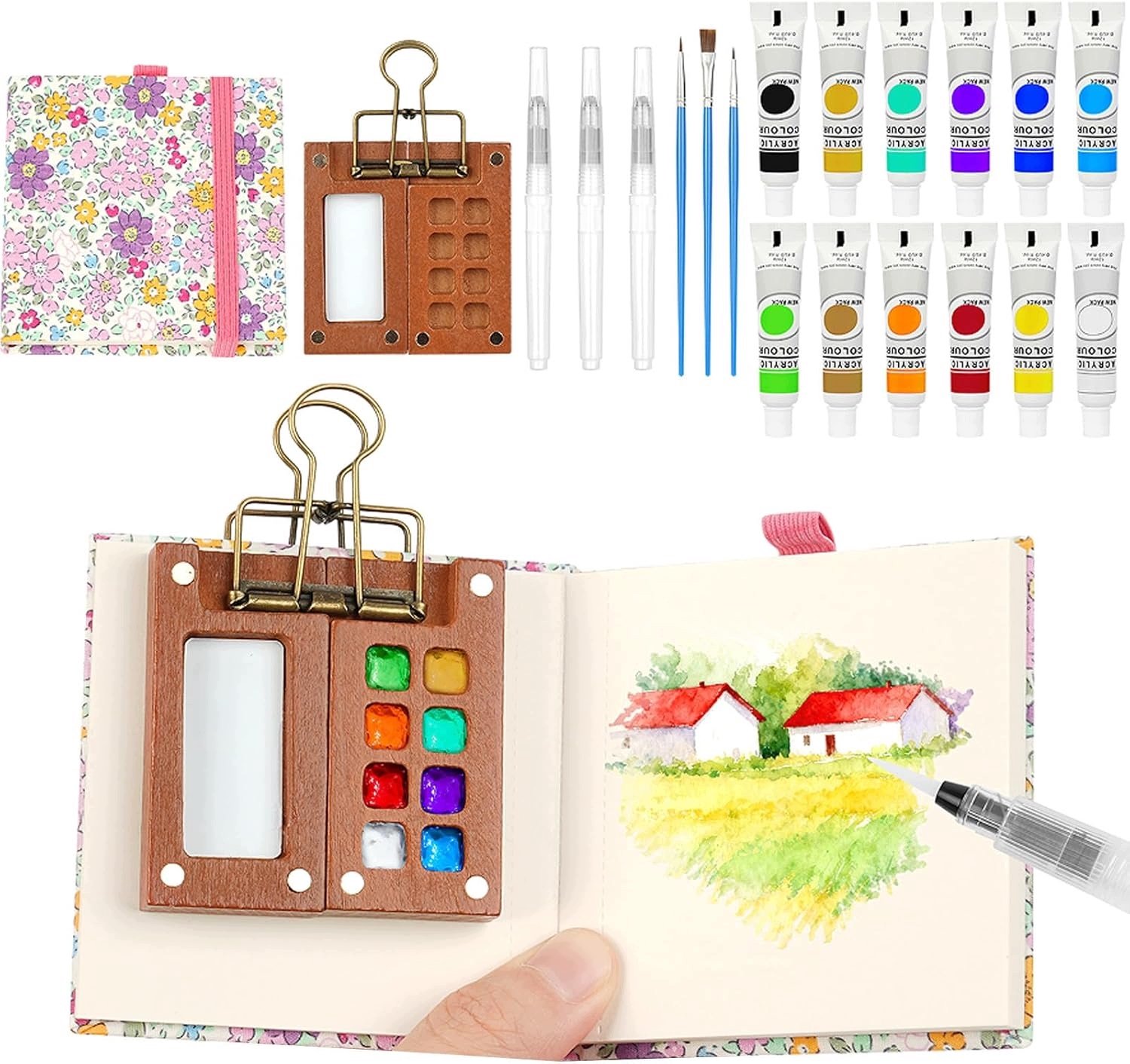Draagbare Aquarelset 12 Kleuren met Penseel en Schetsboek