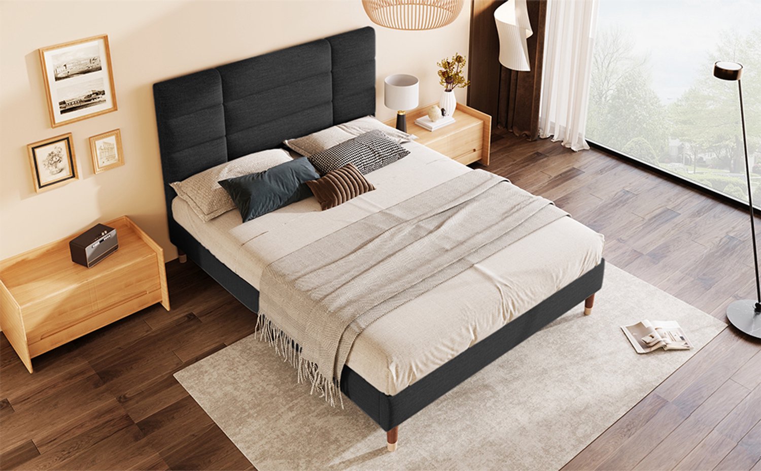 CHICFURN Gestoffeerd tweepersoonsbed 140x200 cm - Lattenbodem - Hoofdbord - Zwart