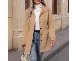 Wollen Mantel Dames Revers Met Riem Slim Fit Wintermantel-khaki-L