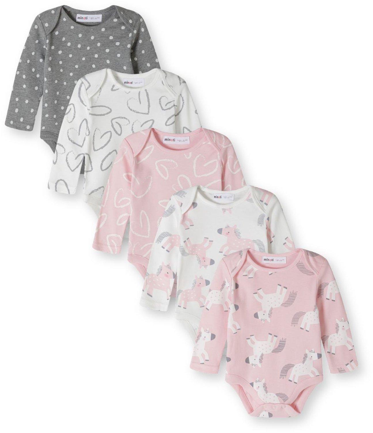 Minoti rompertjes lange mouw – pony's en hartjes – 5-pack – roze, wit en grijs