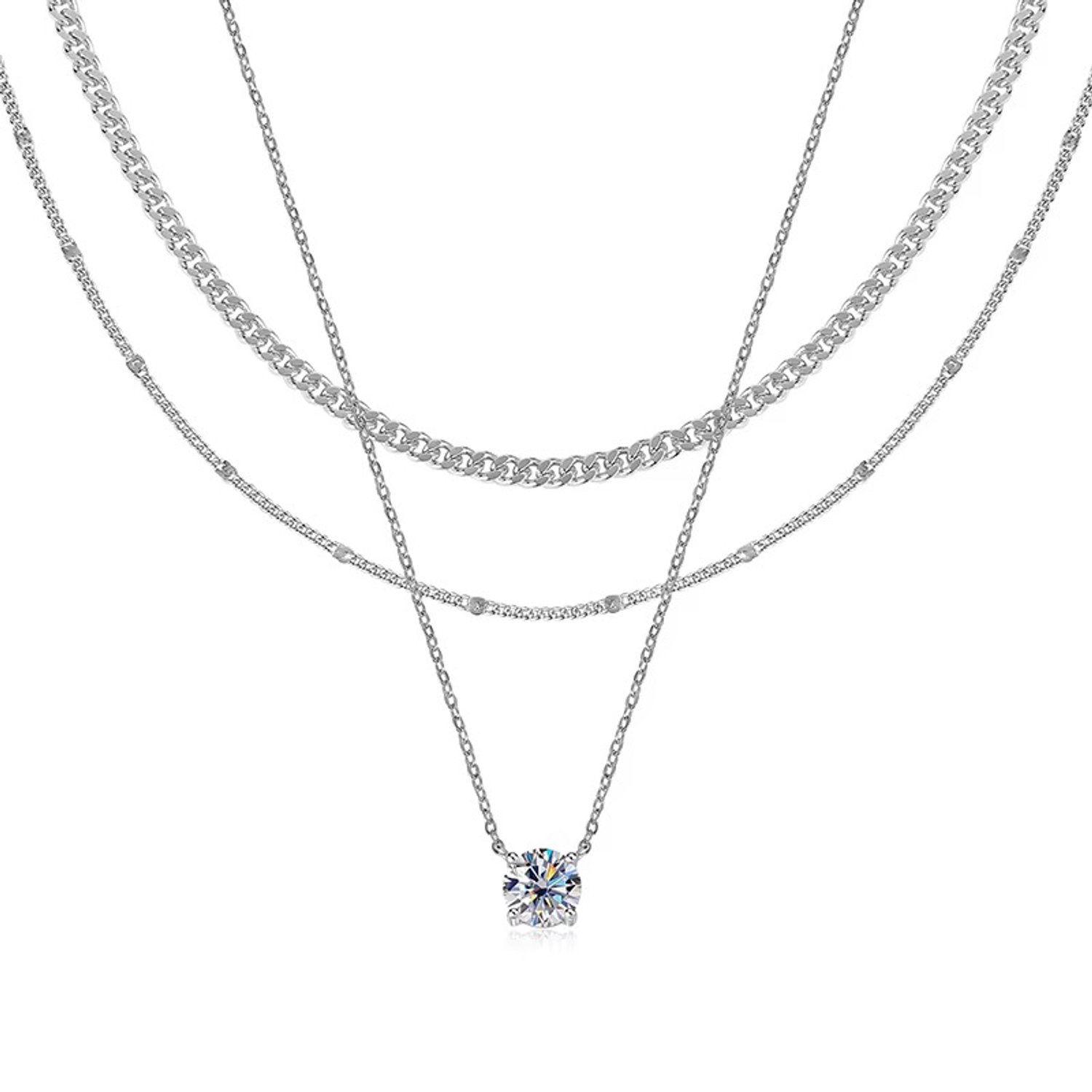 Selevie Gelaagde Schakelketting met Moissanite Hanger - Witgoud - 1 ct - White Gold Double Chain Necklace