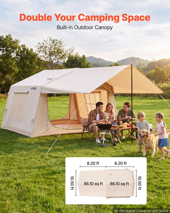 VEVOR Opblaasbare Tent, Luchttent voor 3-5 Personen met Pomp & Zonnescherm, Beige, voor Buitenactiviteiten, Waterafstotend 420D Oxford-Doek met Dakraam, Schoorsteenopening & Gaasraam, Windbestendig — afbeelding 4